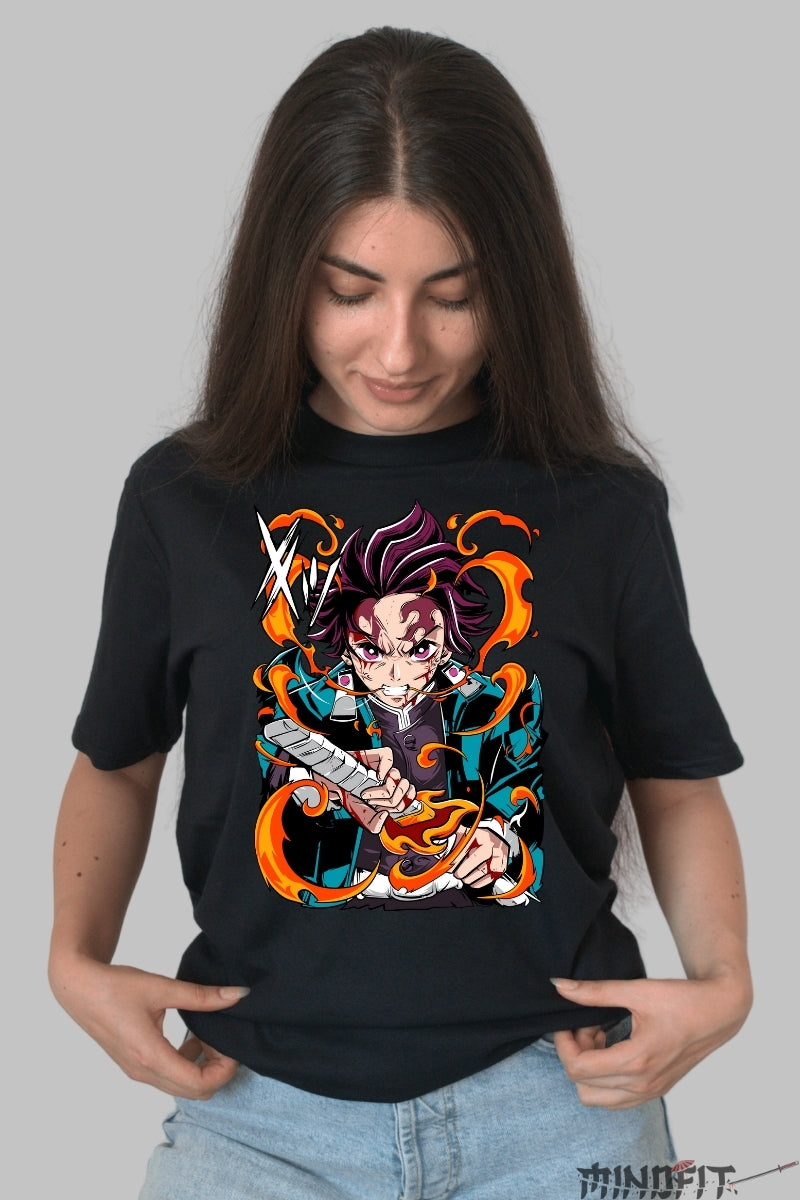 Tricou Anime Demon Slayer - Tanjiro Spiritul Flacarii dama negru