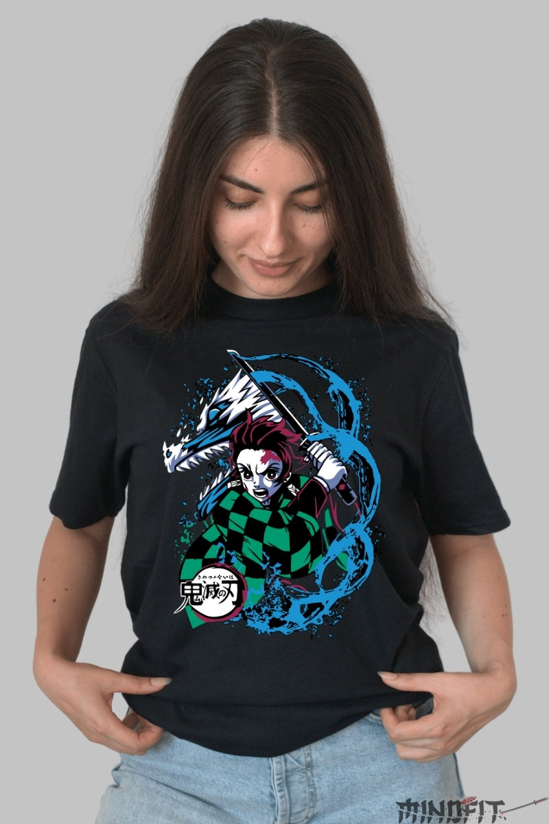 Tricou Anime Demon Slayer - Tanjiro Water Breathing Style dama negru