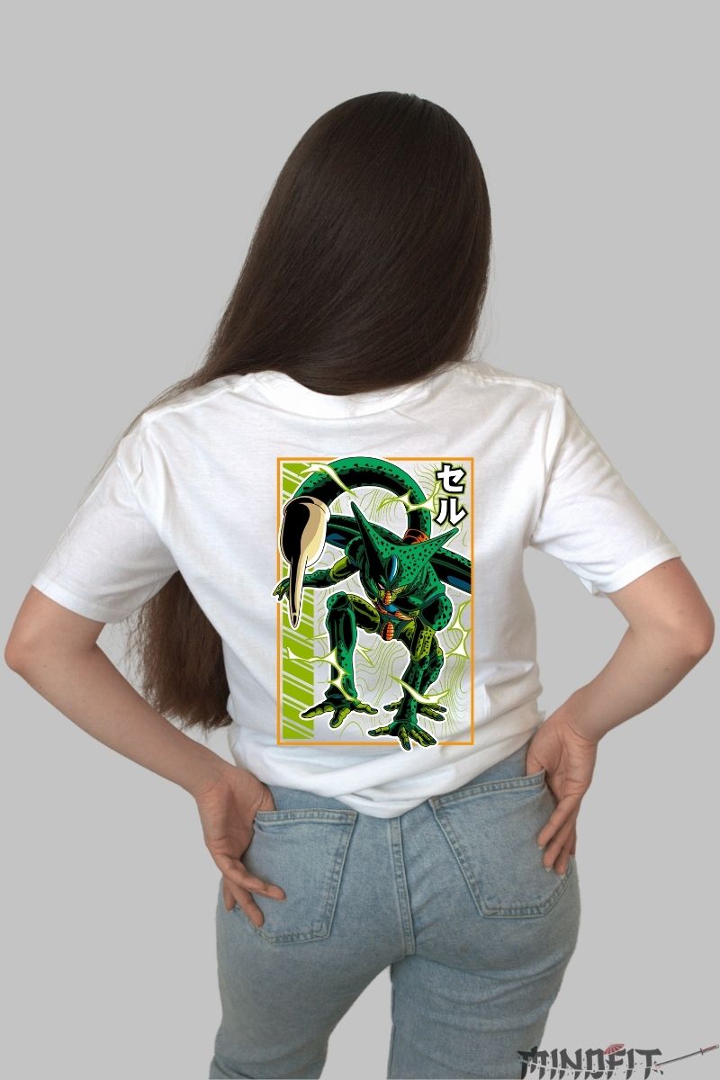Tricou Anime Dragon Ball – Cell Forma Perfecta alb negru spate