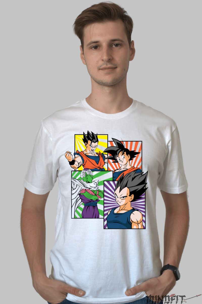 Tricou Anime Dragon Ball – Colaj Pop-Art Heroes barbat alb
