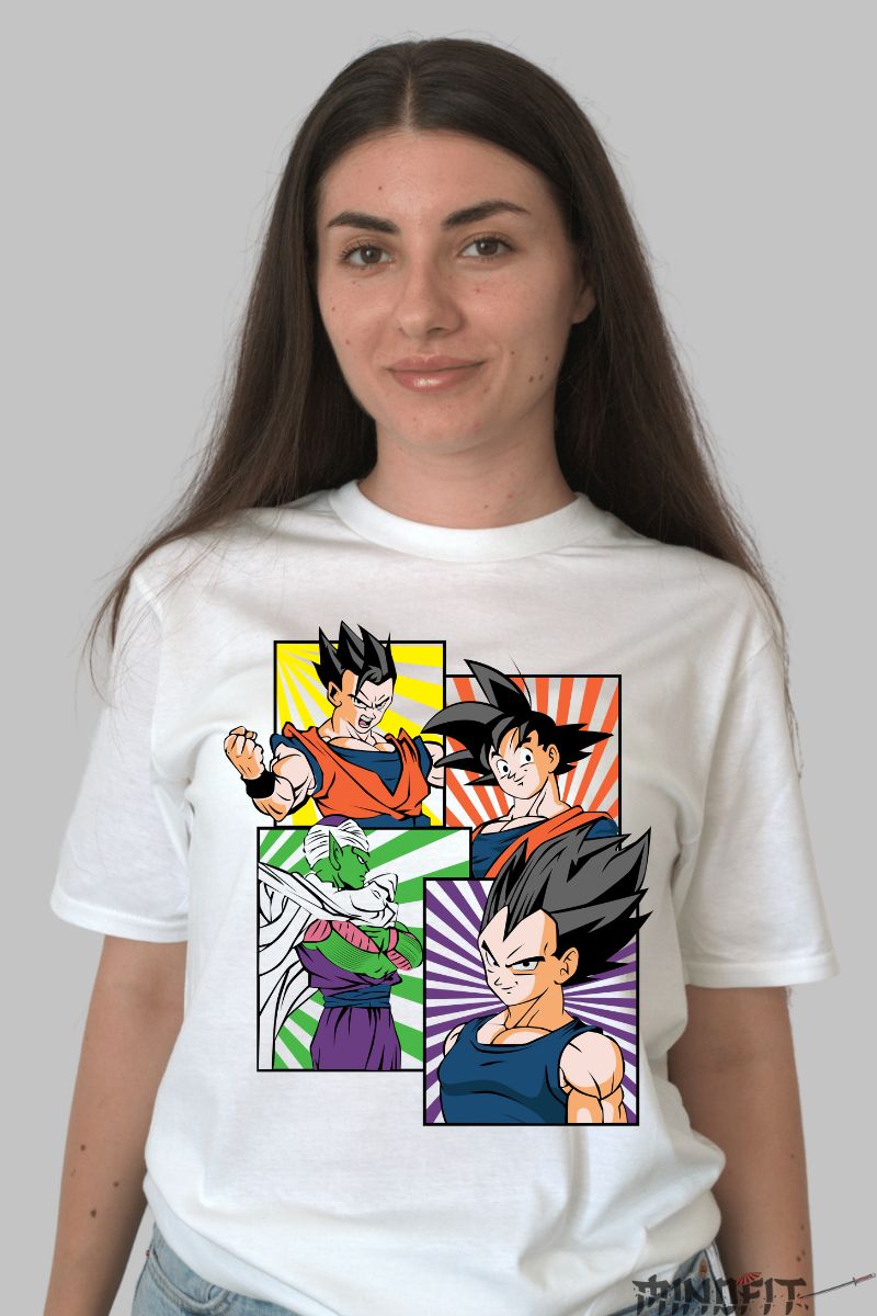 Tricou Anime Dragon Ball – Colaj Pop-Art Heroes dama alb