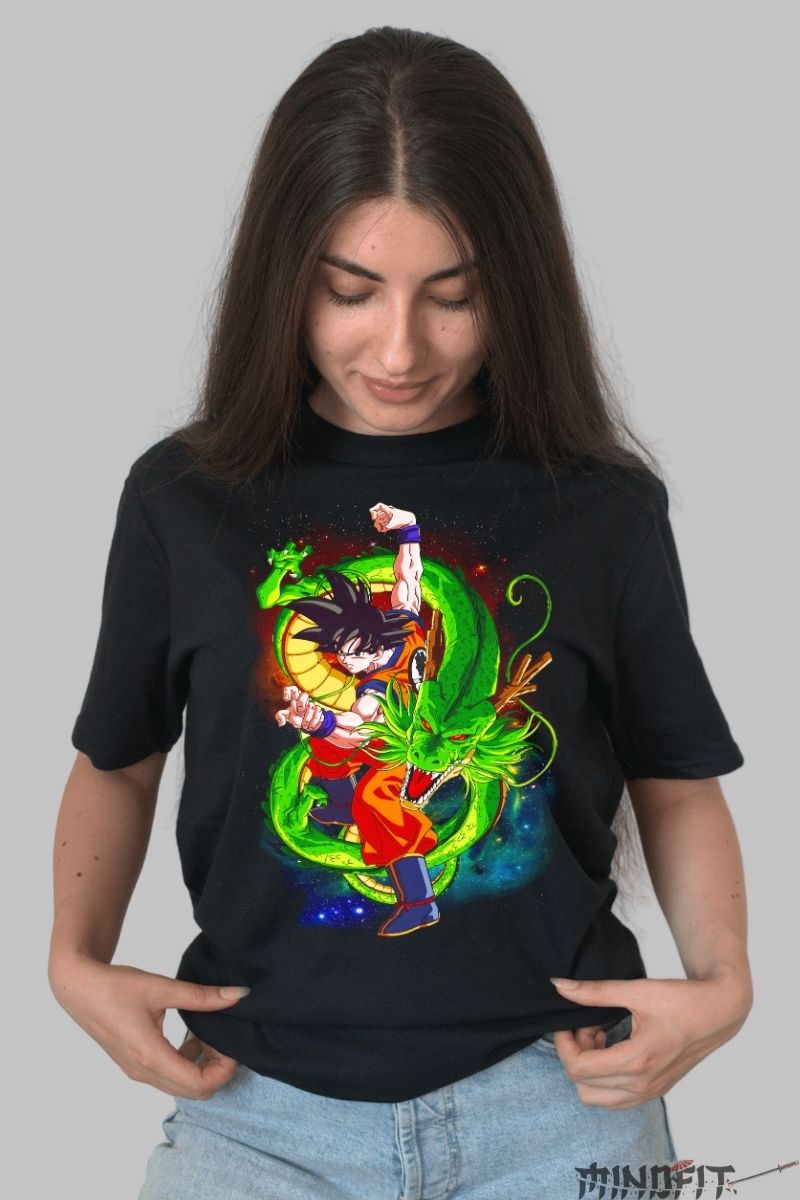 Tricou Anime Dragon Ball – Goku & Shenron Cosmic Wish dama negru