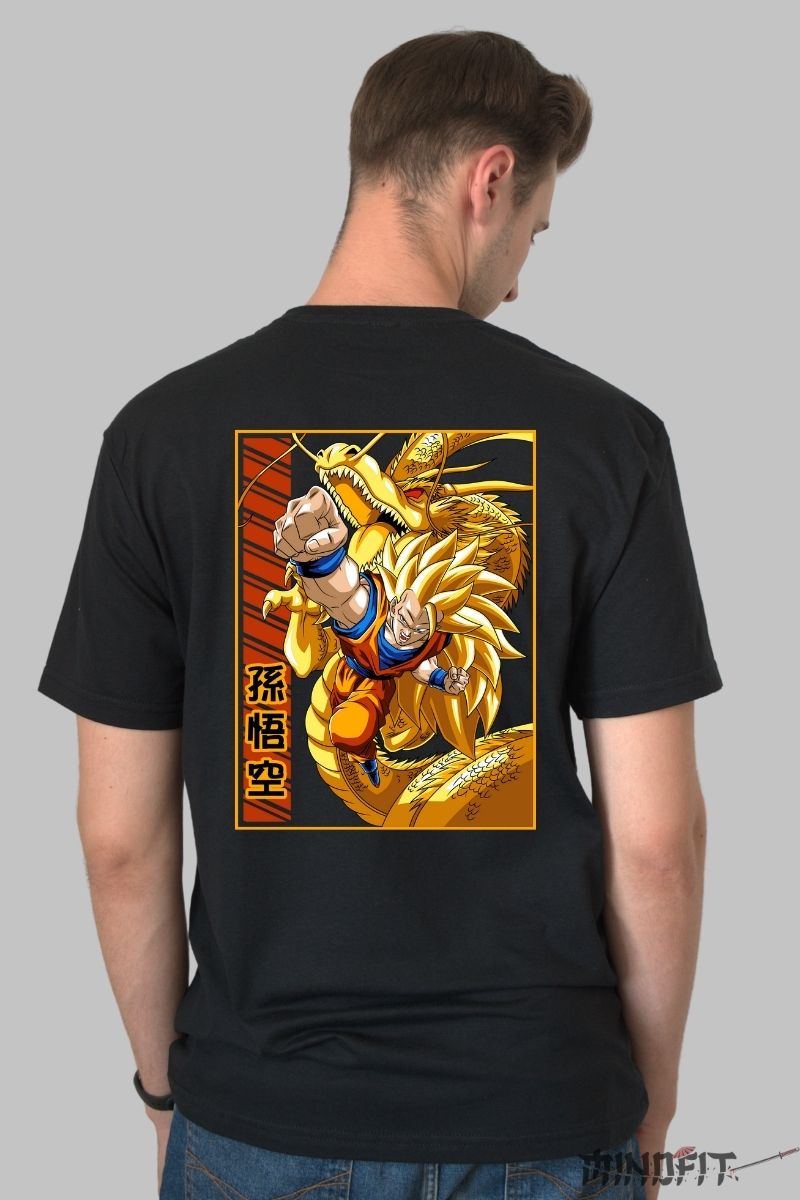 Tricou Anime Dragon Ball – Goku SSJ & Shenron barbat negru spate