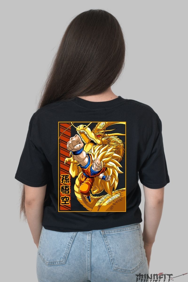 Tricou Anime Dragon Ball – Goku SSJ & Shenron fata negru spate
