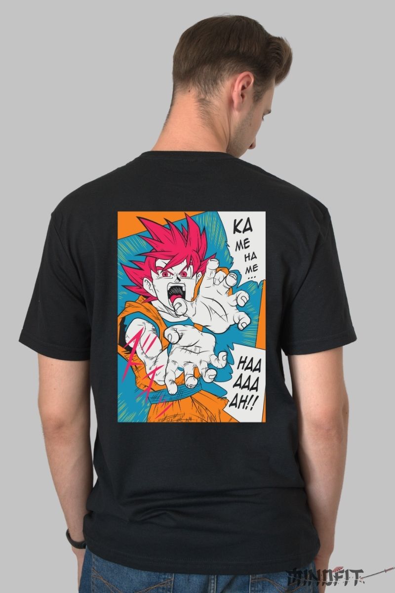 Tricou Anime Dragon Ball – Goku Super Saiyan God Kamehameha barbat negru spate