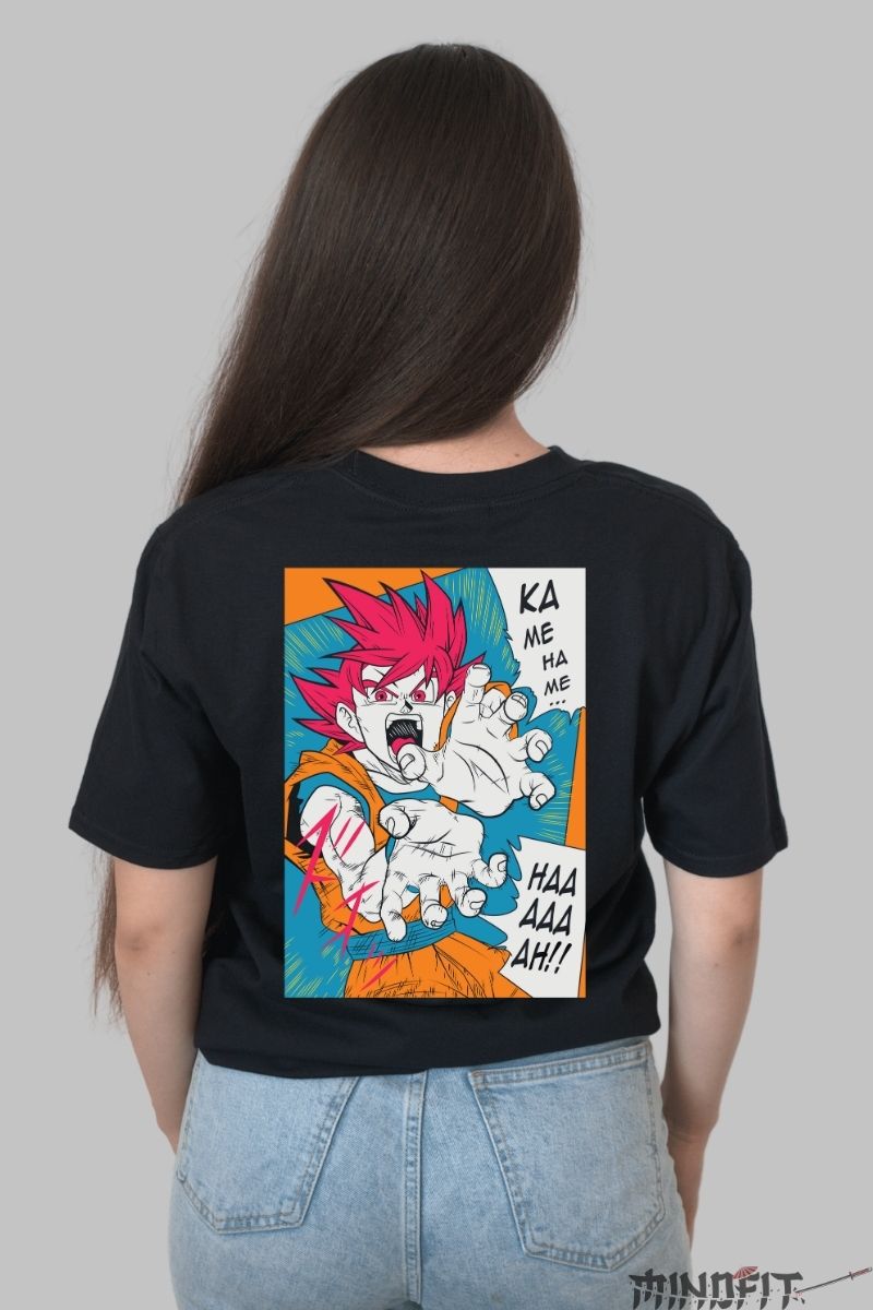 Tricou Anime Dragon Ball – Goku Super Saiyan God Kamehameha fata negru spate