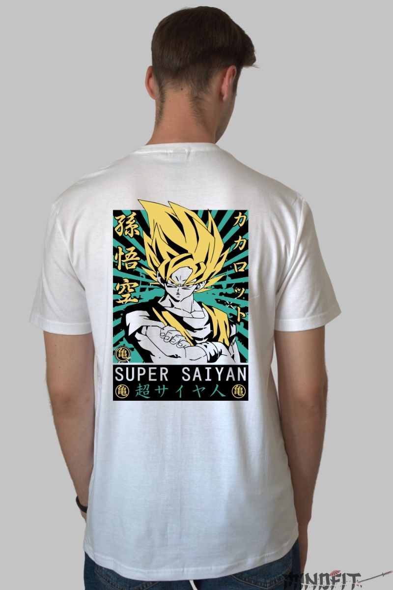 Tricou Anime Dragon Ball – Goku Super Saiyan Poster alb negru spate