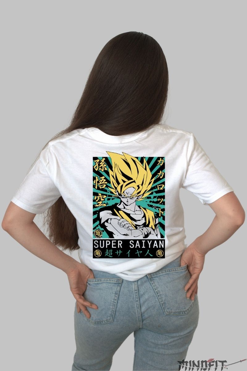 Tricou Anime Dragon Ball – Goku Super Saiyan Poster alb negru spate
