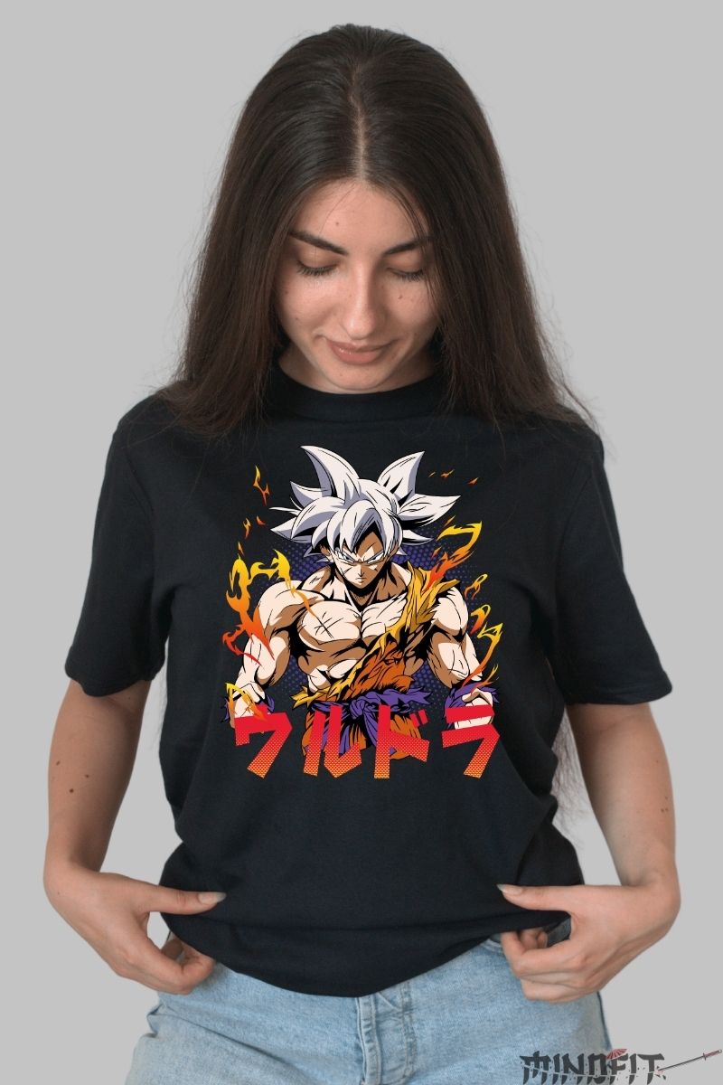 Tricou Anime Dragon Ball – Goku Ultra Instinct Flames dama negru