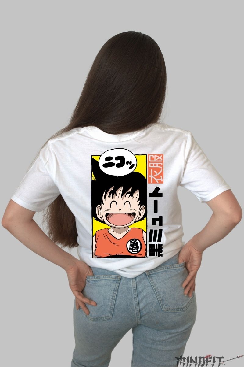Tricou Anime Dragon Ball – Goku Zambet Copilaros alb negru spate