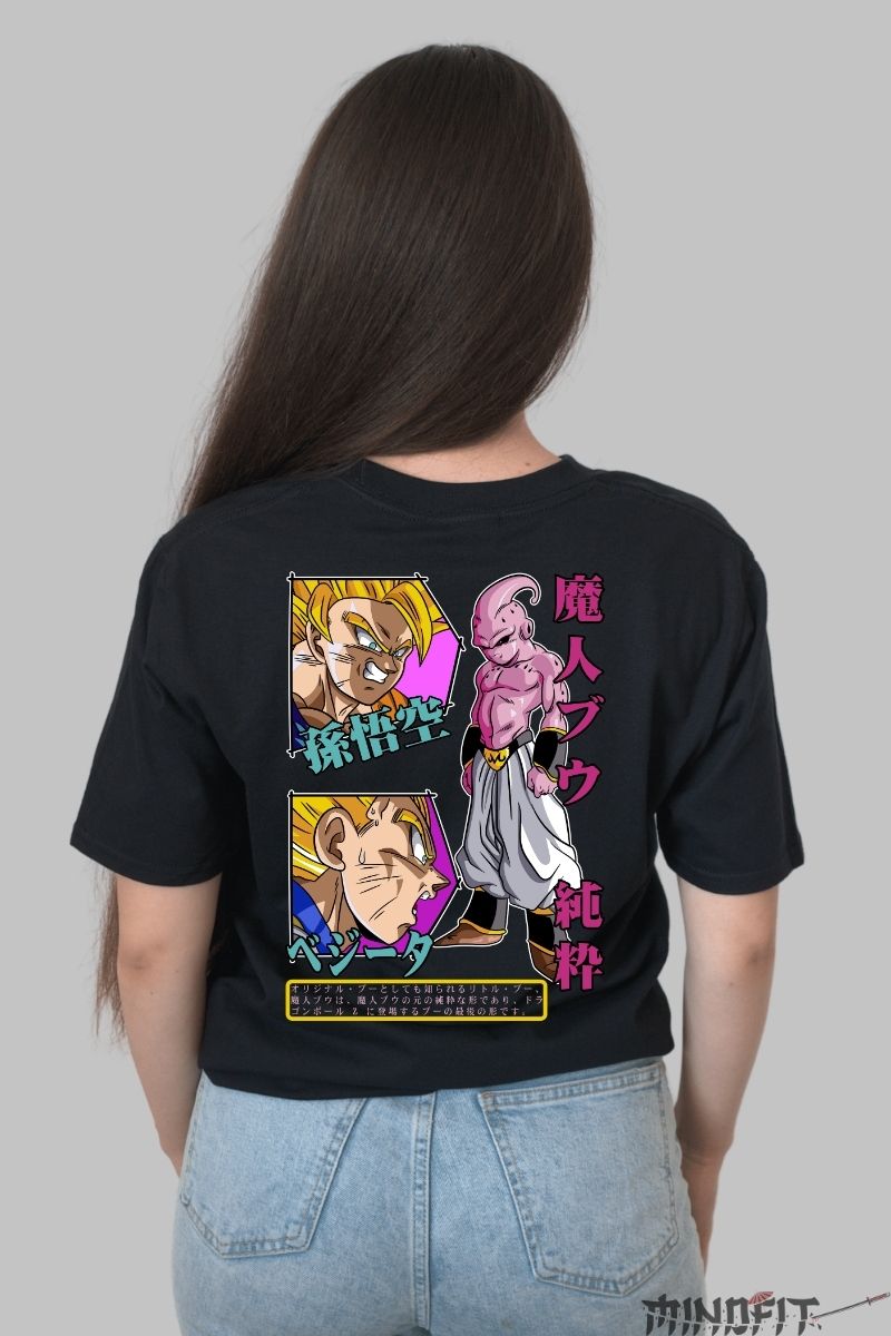 Tricou Anime Dragon Ball – Majin Buu vs Goku si Vegeta fata negru spate