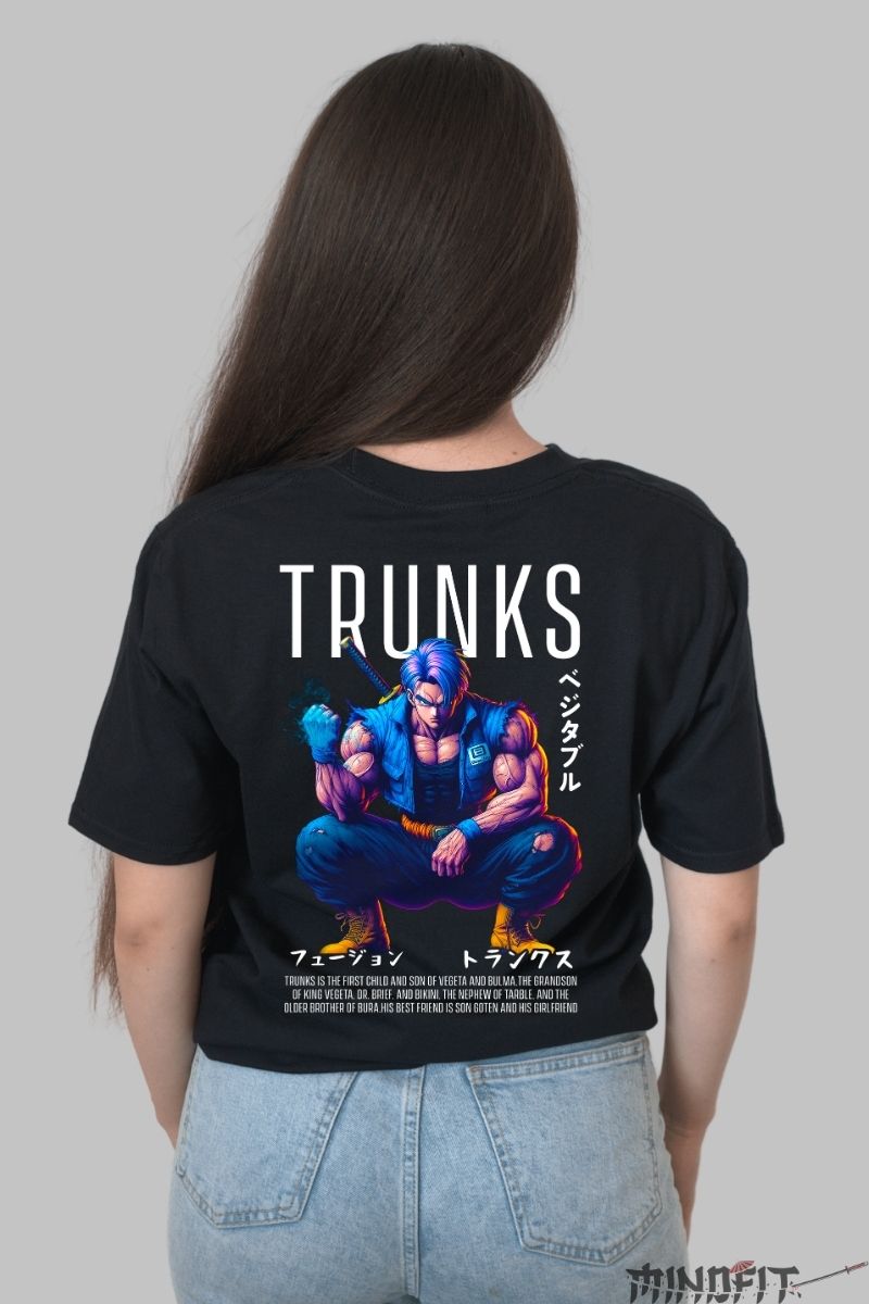 Tricou Anime Dragon Ball – Trunks Sword Stance fata negru spate
