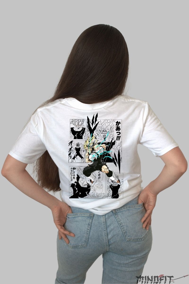Tricou Anime Dragon Ball – Vegeta Lightning Power alb negru spate