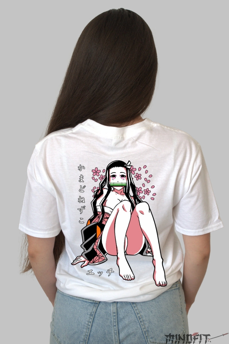 Tricou Anime Nezuko Stil Sakura Demon Dama alb