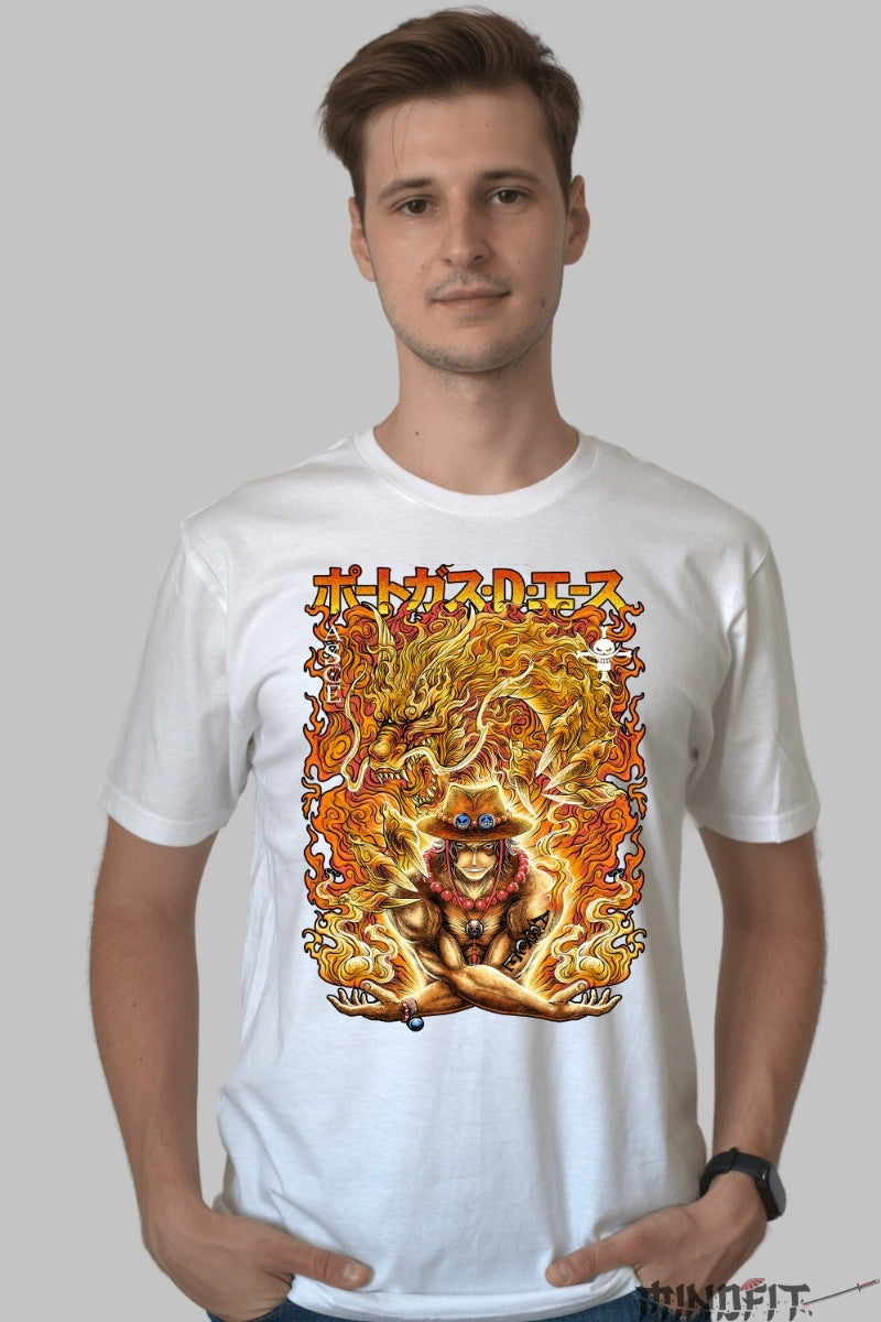 Tricou Anime One Piece - Ace Flacara Dragonului barbat alb