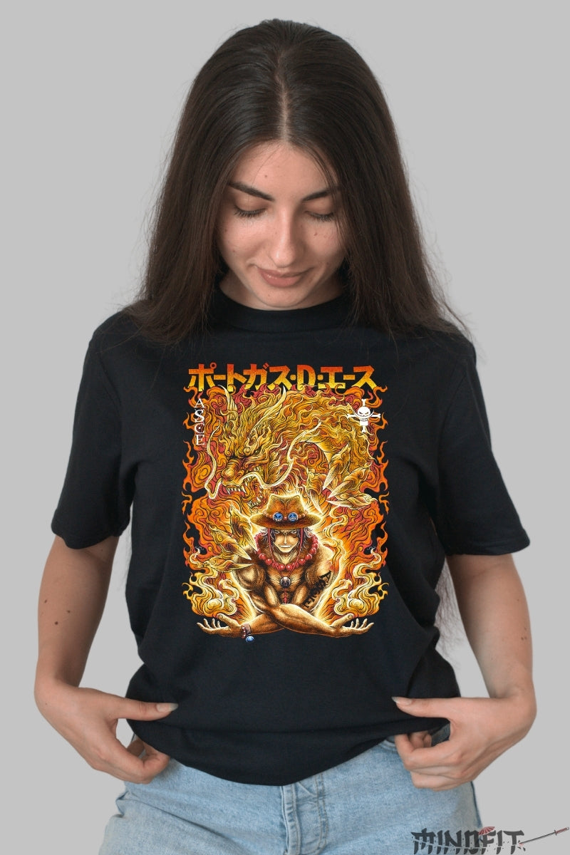 Tricou Anime One Piece - Ace Flacara Dragonului dama negru