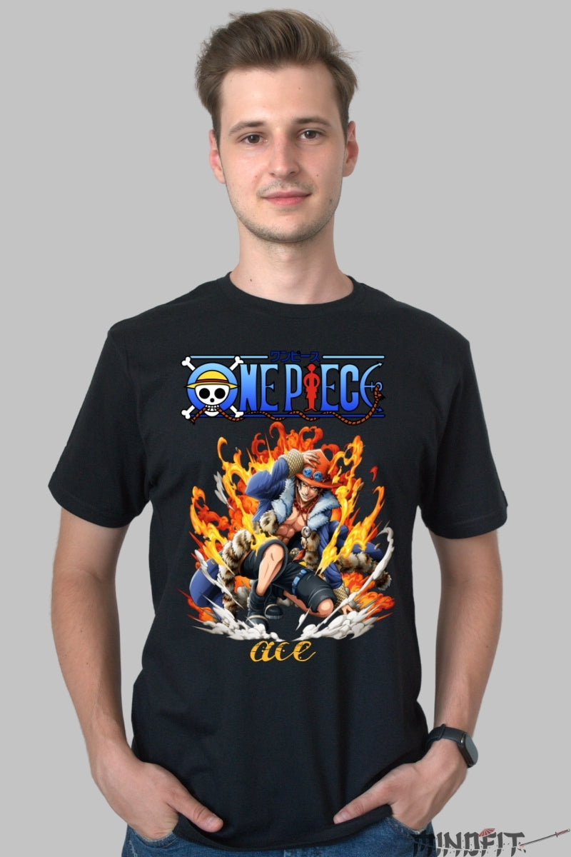 Tricou Anime One Piece - Ace Flacara Libertatii barbat negru