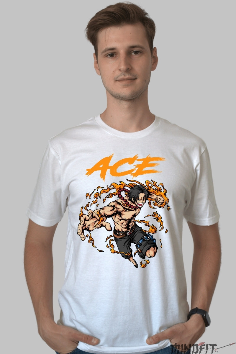 Tricou Anime One Piece - Ace Flacara Nefranta barbat alb