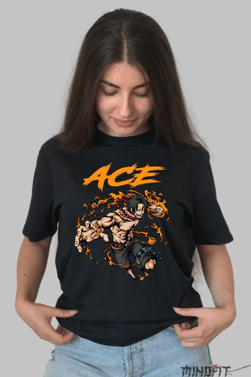Tricou Anime One Piece - Ace Flacara Nefranta dama negru