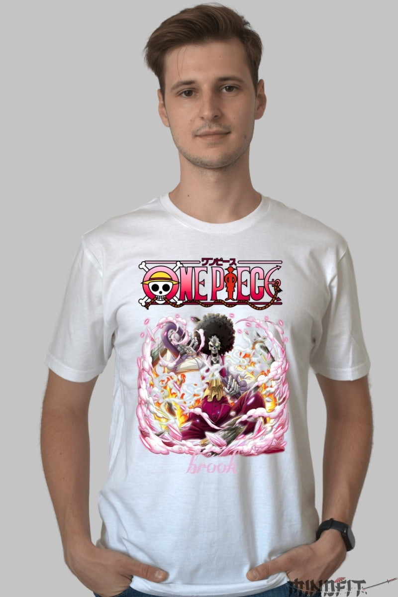 Tricou Anime One Piece - Brook Soul King in actiune barbat alb