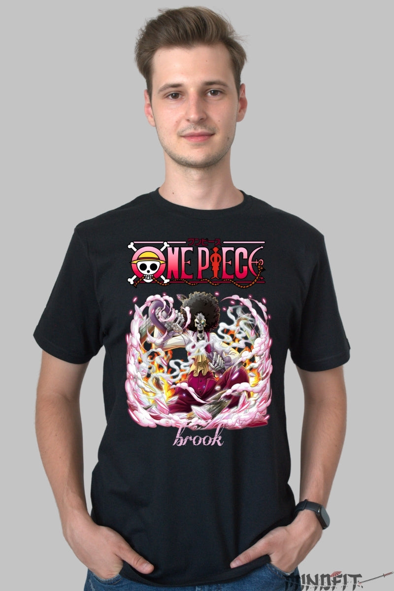 Tricou Anime One Piece - Brook Soul King in actiune barbat negru