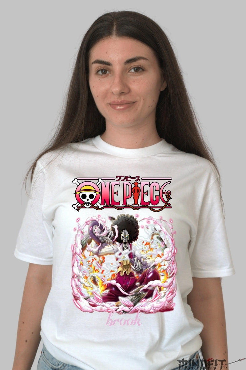 Tricou Anime One Piece - Brook Soul King in actiune dama alb