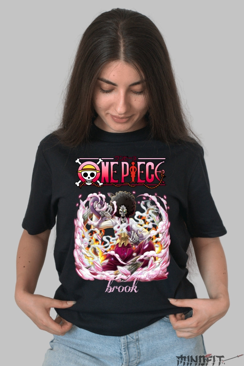 Tricou Anime One Piece - Brook Soul King in actiune dama negru