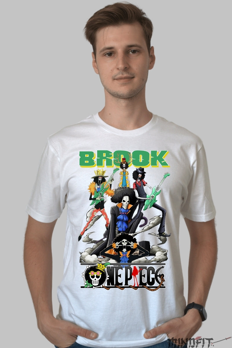 Tricou Anime One Piece - Brook Soul Rocker Crew barbat alb