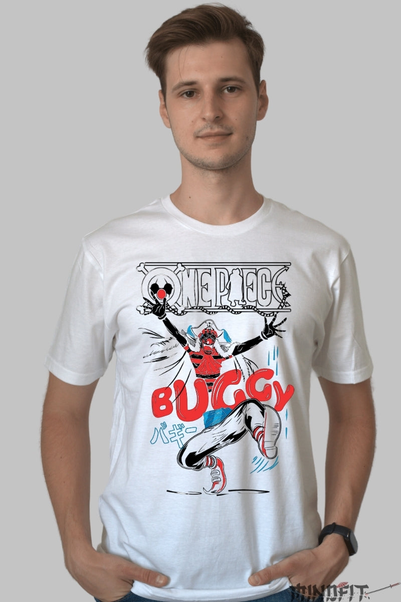 Tricou Anime One Piece - Buggy the Clown in Actiune barbat alb