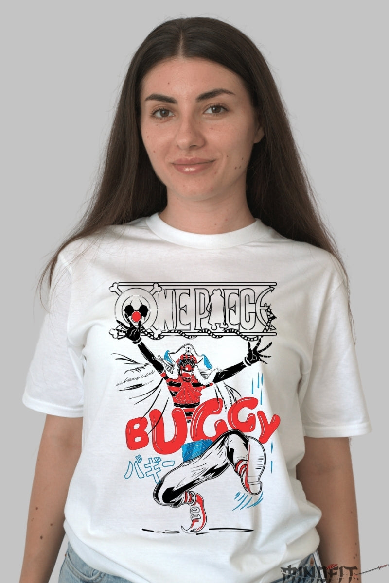 Tricou Anime One Piece - Buggy the Clown in Actiune dama alb