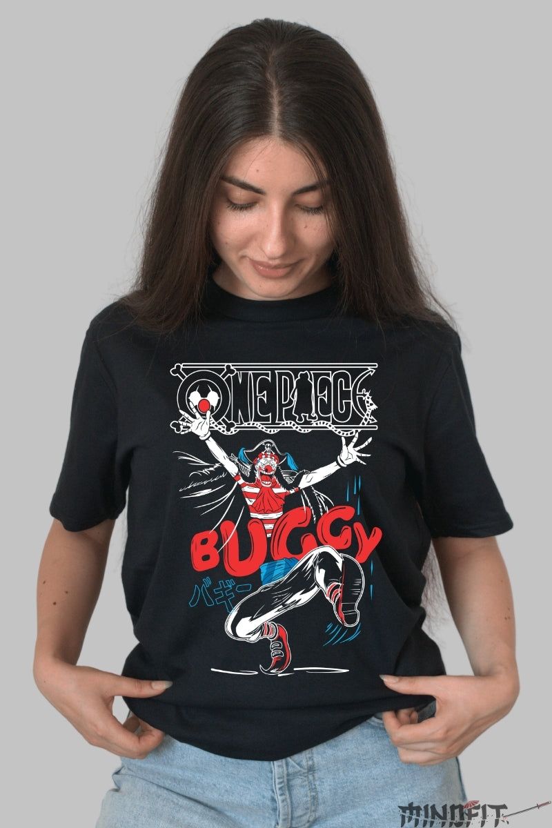 Tricou Anime One Piece - Buggy the Clown in Actiune dama negru