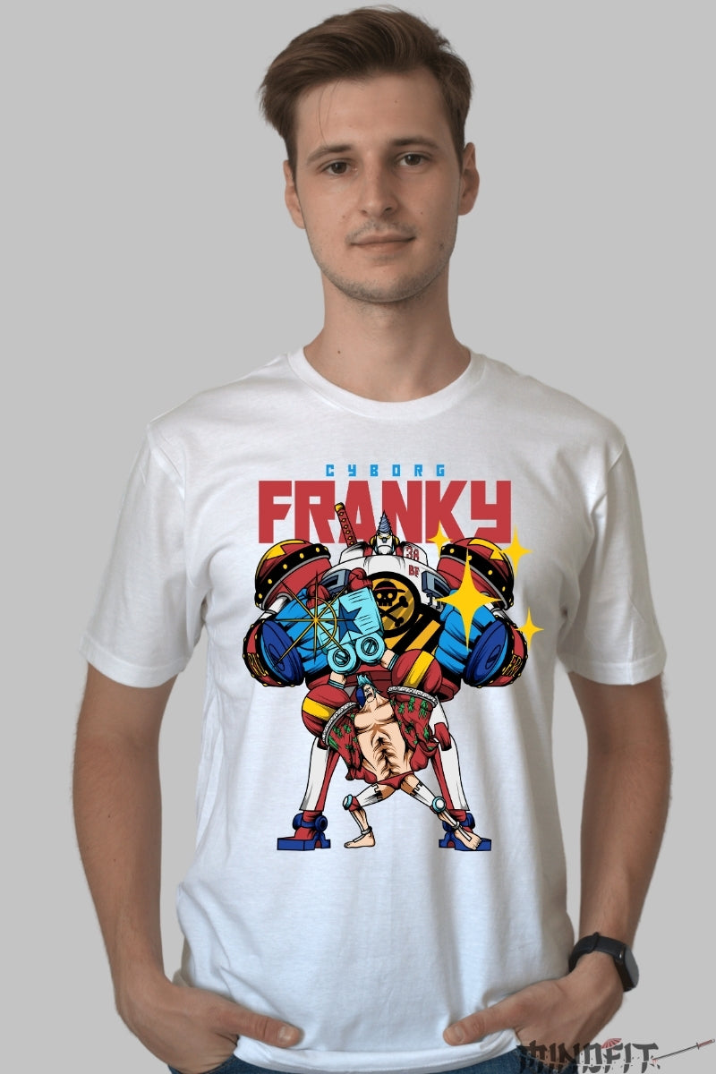 Tricou Anime One Piece - Cyborg Franky Super Power barbat alb