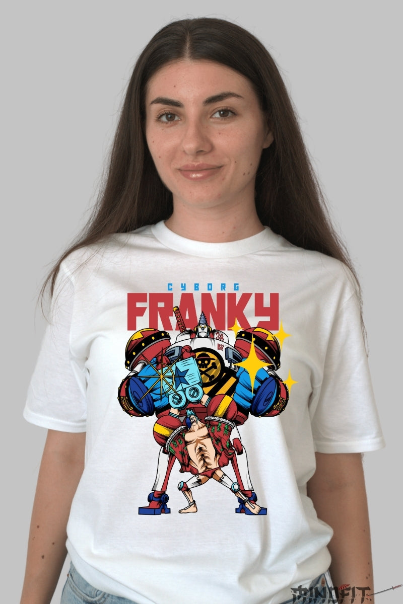 Tricou Anime One Piece - Cyborg Franky Super Power dama alb