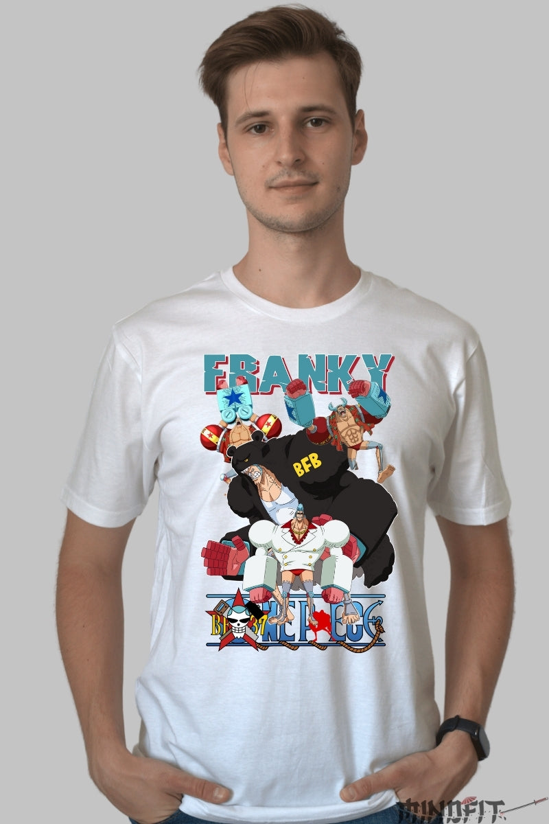 Tricou Anime One Piece - Franky Cyborg Power barbat alb