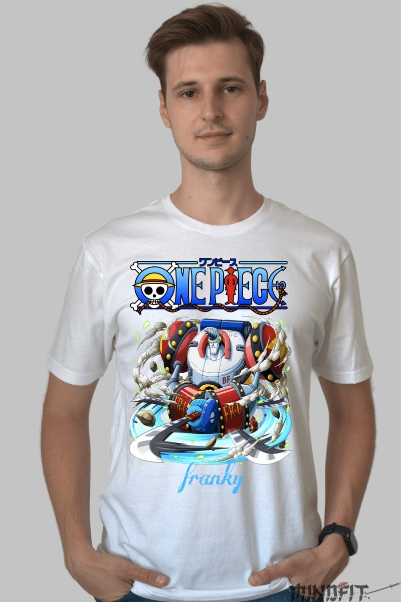 Tricou Anime One Piece - Franky Super Cyborg Energy barbat alb