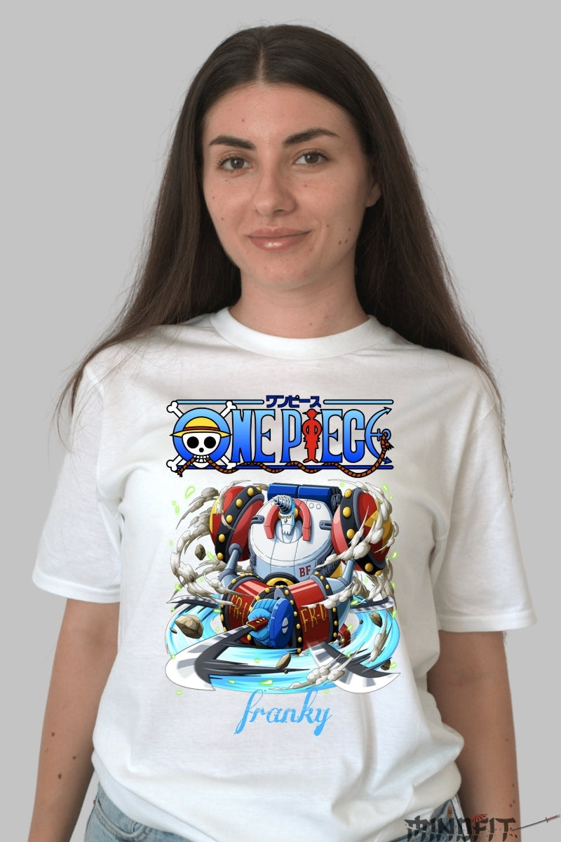Tricou Anime One Piece - Franky Super Cyborg Energy dama alb
