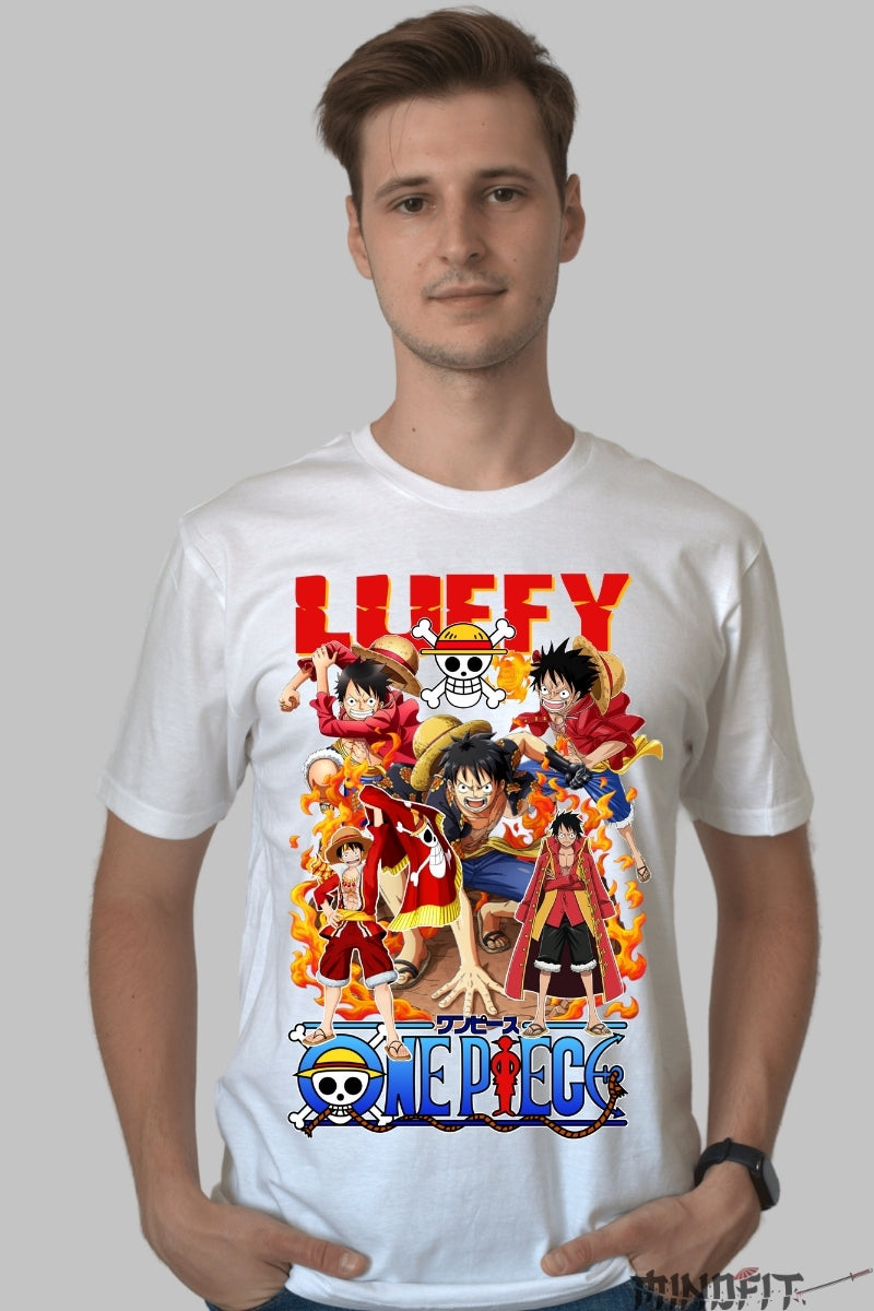 Tricou Anime One Piece - Luffy Evolutie in Flacari barbat alb
