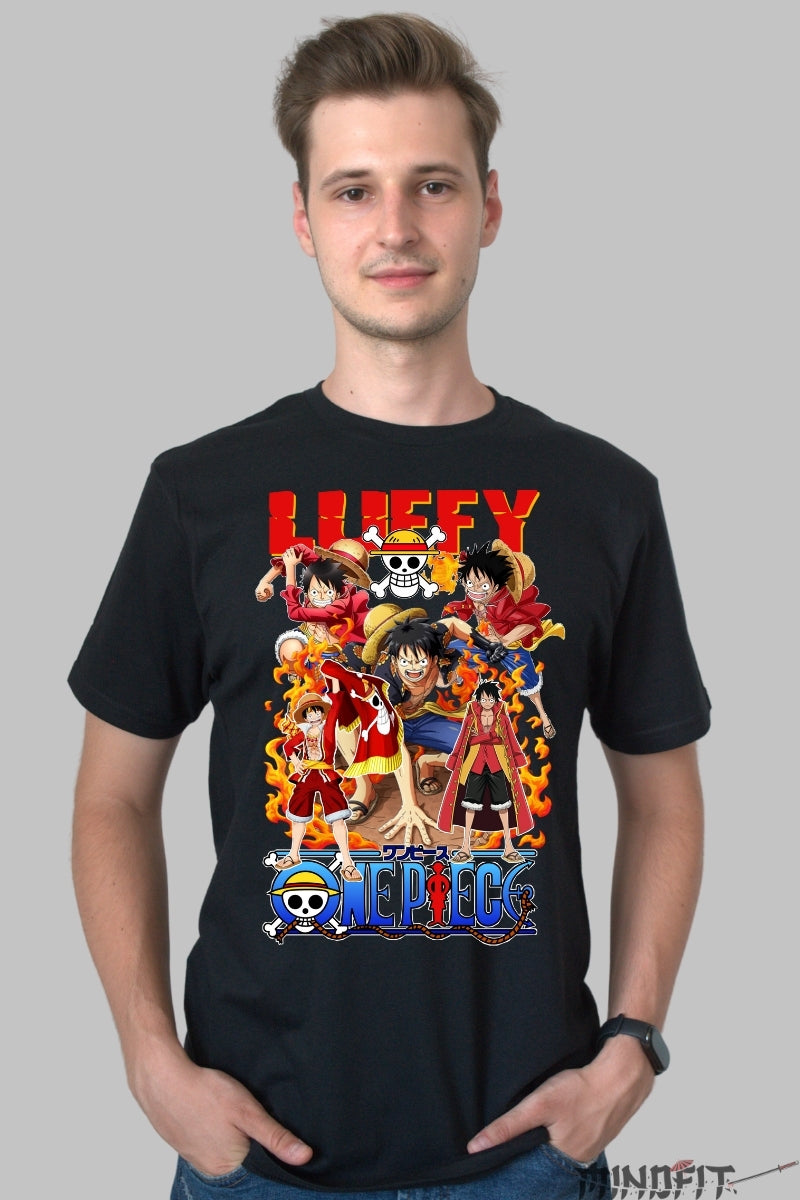 Tricou Anime One Piece - Luffy Evolutie in Flacari barbat negru