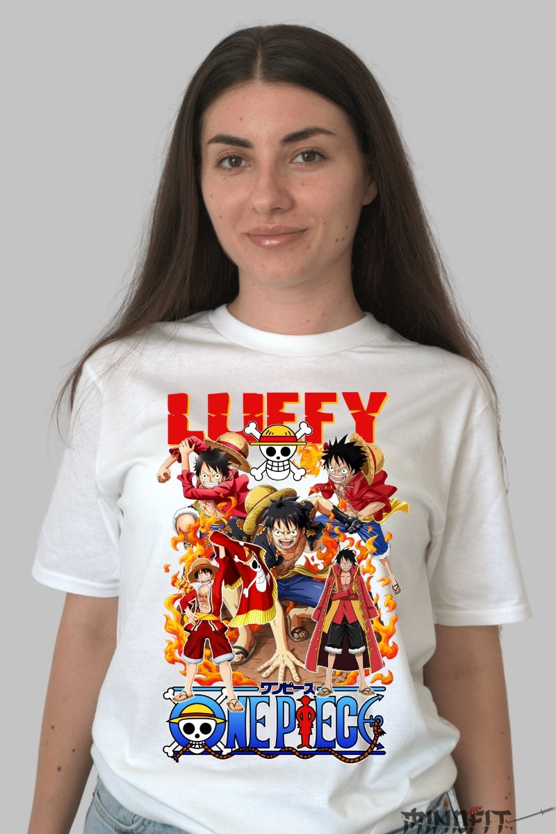 Tricou Anime One Piece - Luffy Evolutie in Flacari dama alb