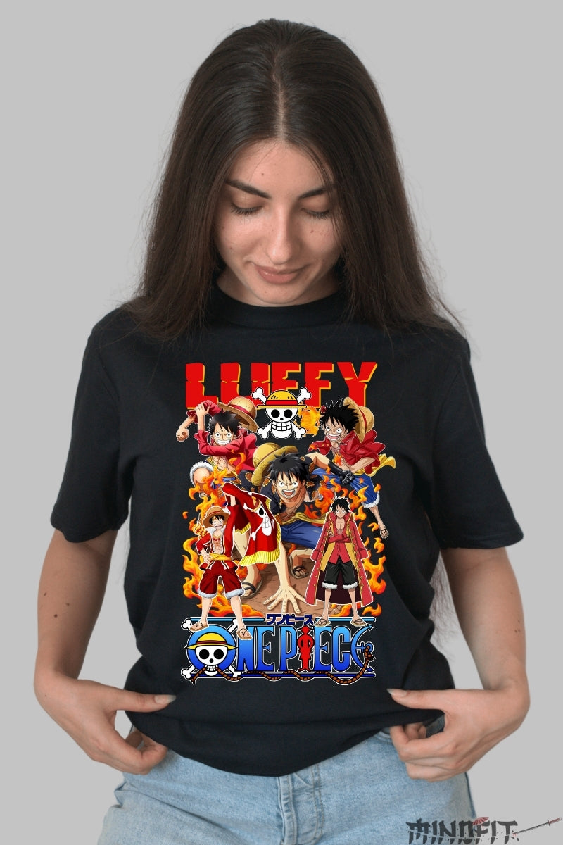 Tricou Anime One Piece - Luffy Evolutie in Flacari dama negru