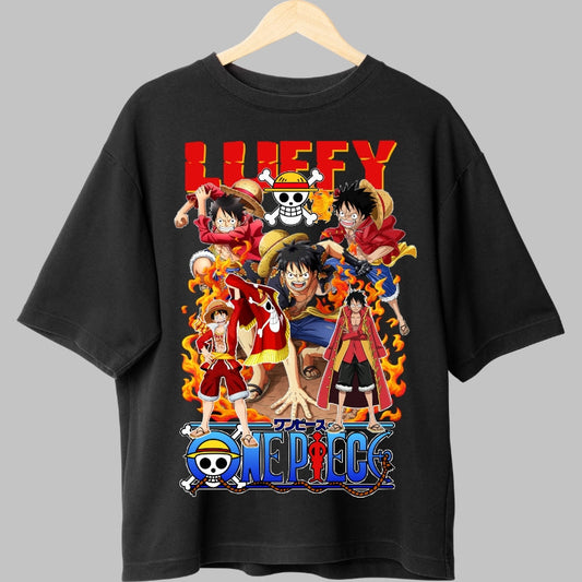 Tricou Anime One Piece - Luffy Evolutie in Flacari fata