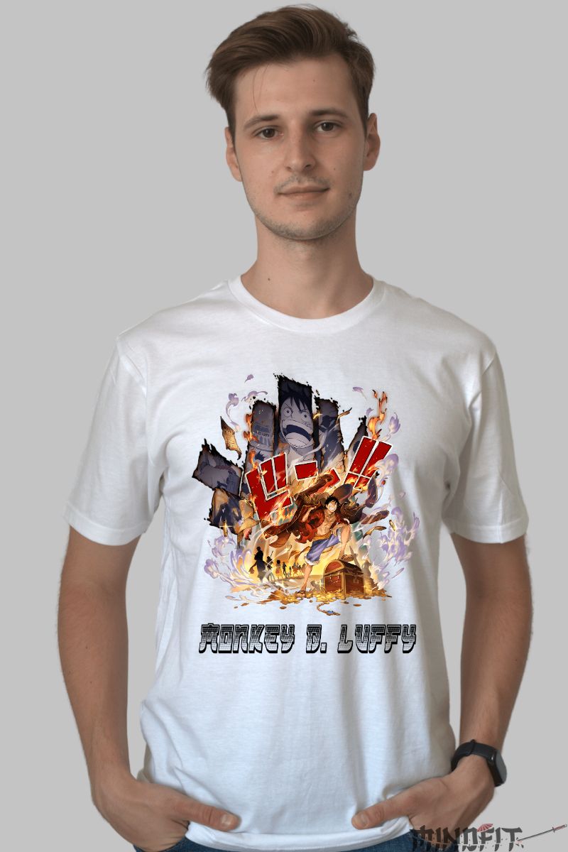 Tricou Anime One Piece Luffy Fire Battle barbat alb