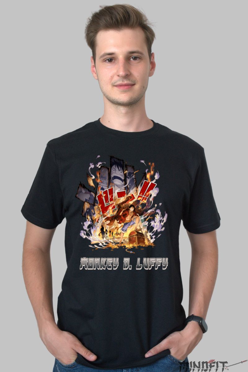 Tricou Anime One Piece Luffy Fire Battle barbat negru