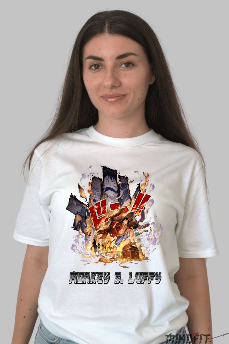 Tricou Anime One Piece Luffy Fire Battle dama alb