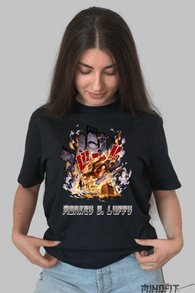 Tricou Anime One Piece Luffy Fire Battle dama negru