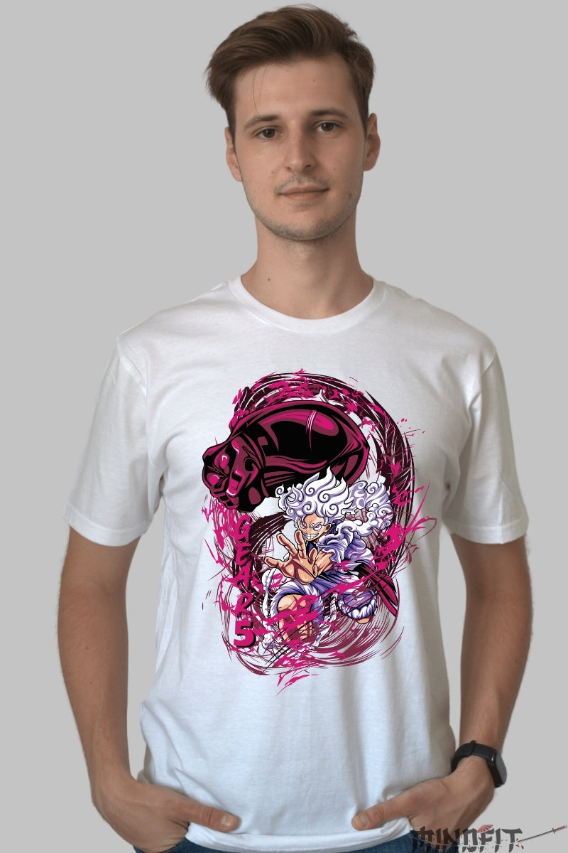 Tricou Anime One Piece - Luffy Gear 5 Awakened Power barbat alb
