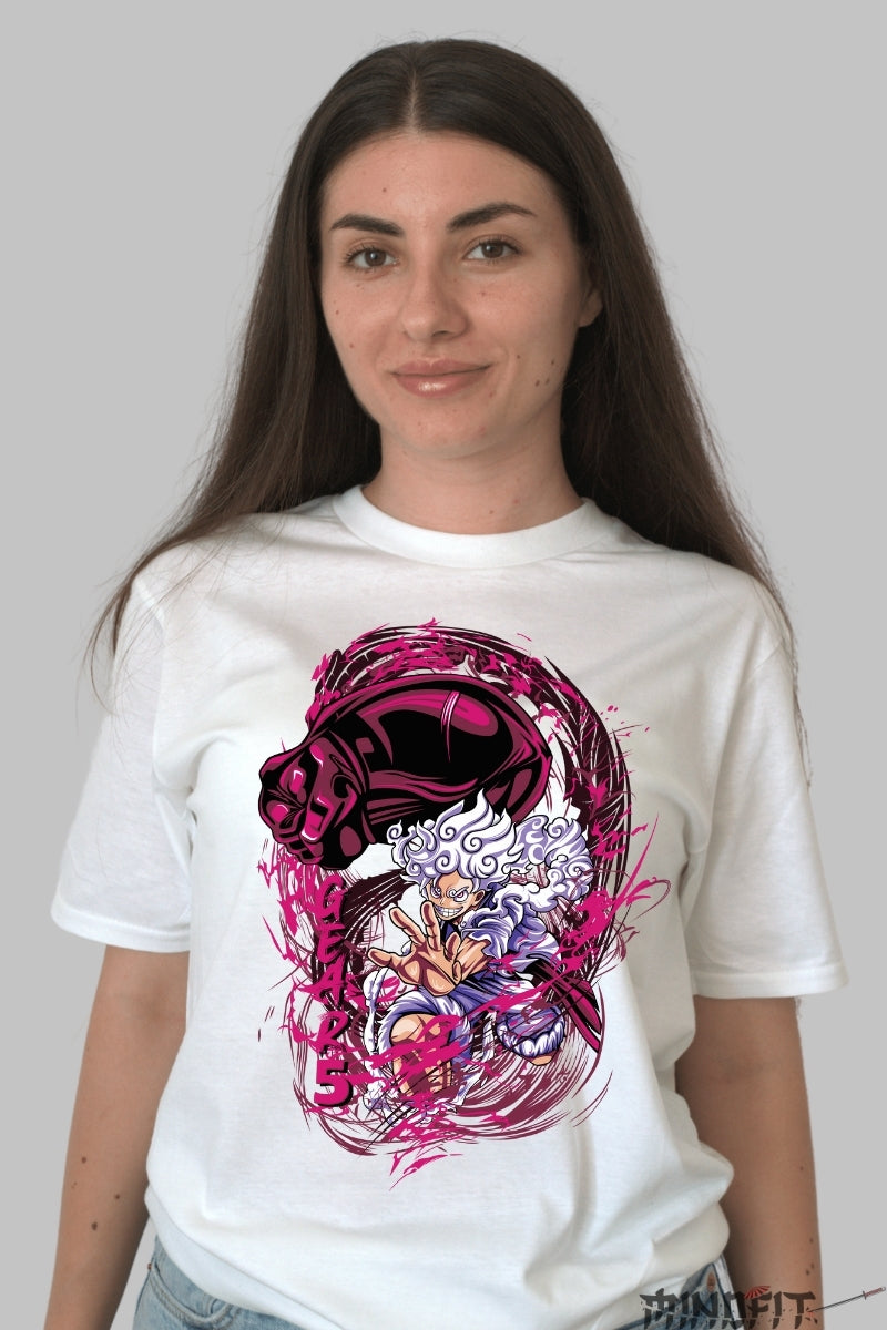 Tricou Anime One Piece - Luffy Gear 5 Awakened Power dama alb