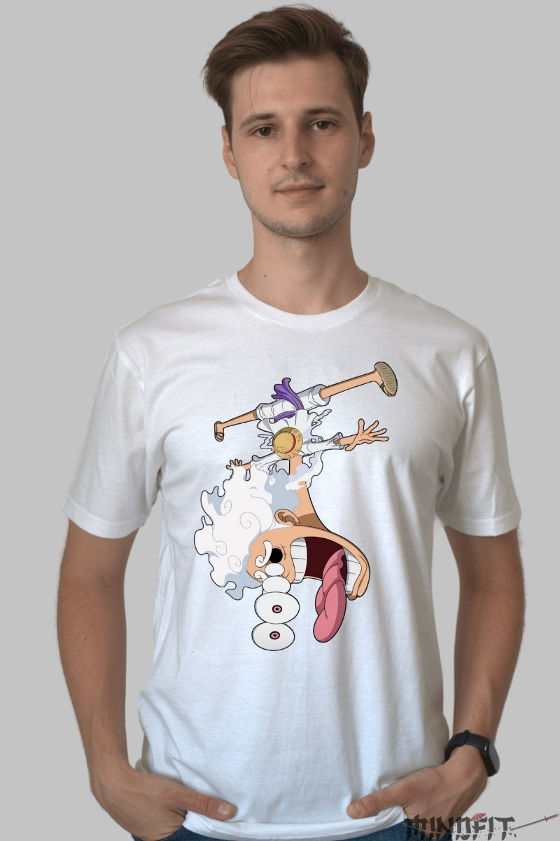 Tricou Anime One Piece - Luffy Gear 5 Cartoon Mode barbat alb
