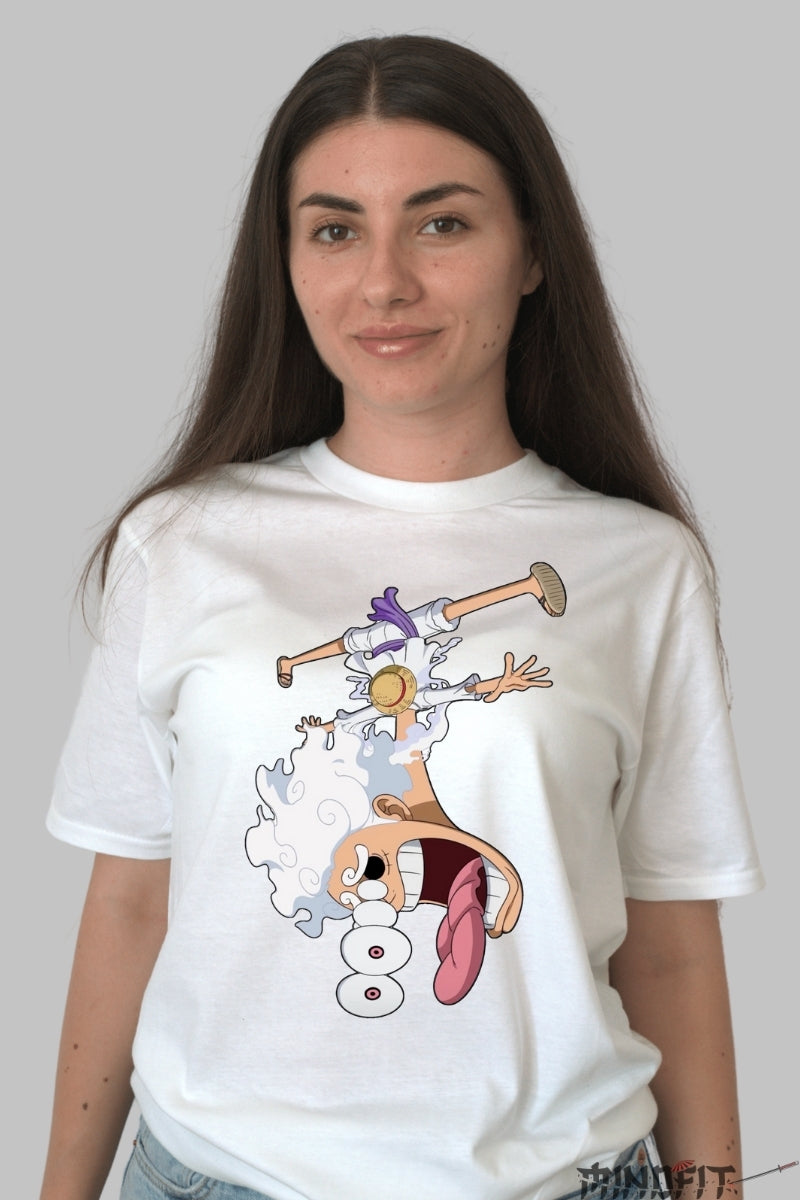 Tricou Anime One Piece - Luffy Gear 5 Cartoon Mode dama alb
