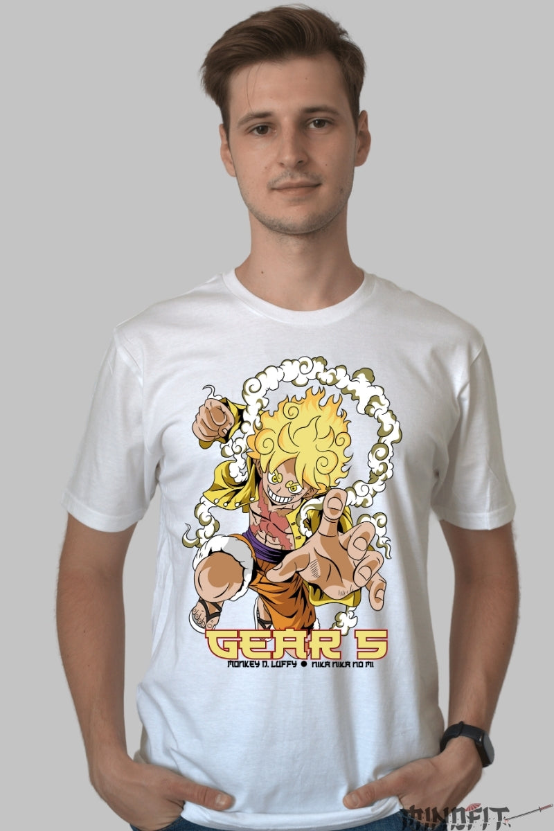 Tricou Anime One Piece - Luffy Gear 5 Explozie de Energie barbat alb